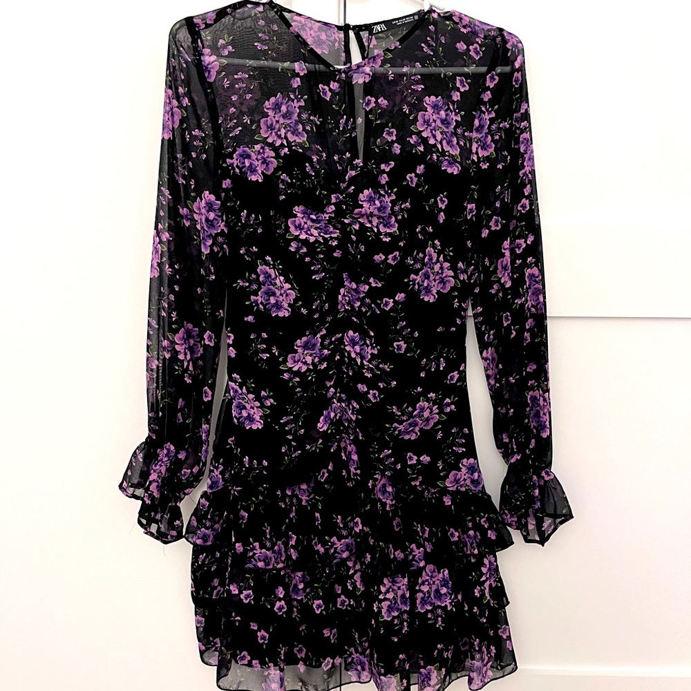 ZARA Women's long sleeve, purple black floral, blouse dress - Brand New with tag
